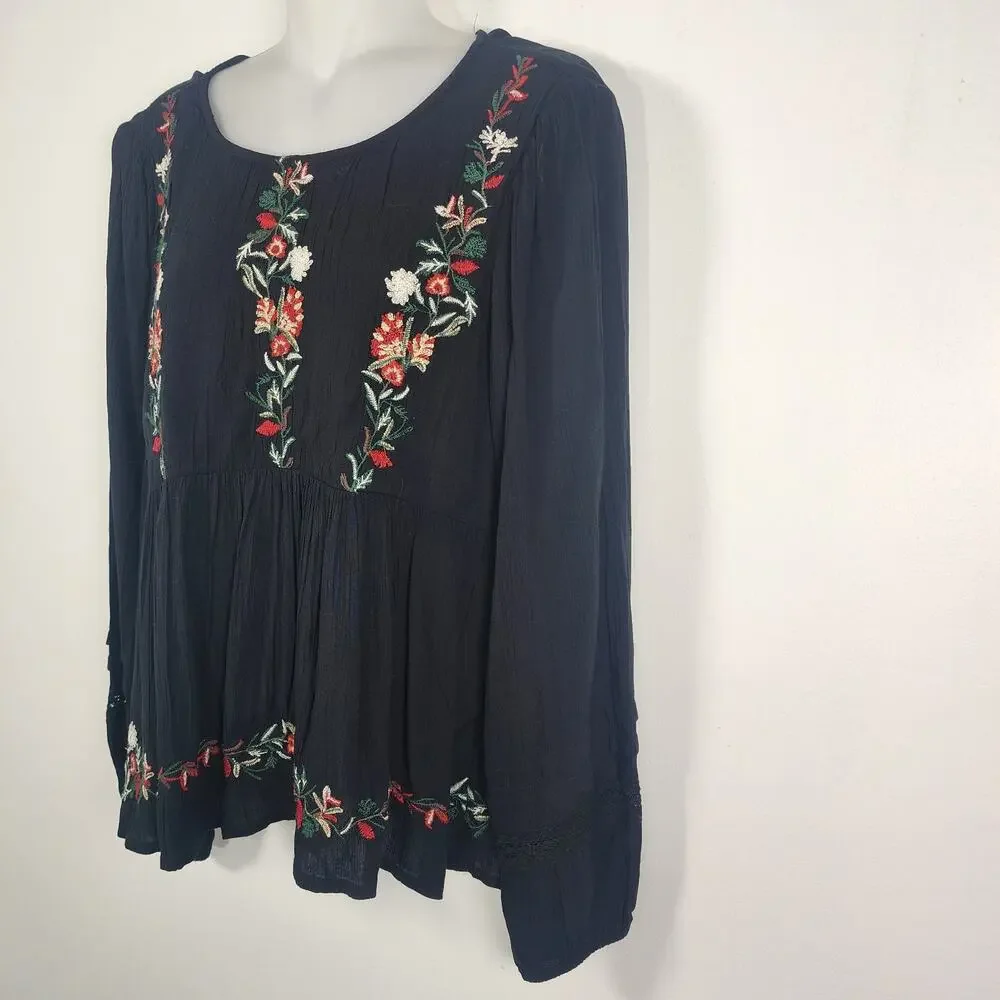 American Eagle Womens Embroidered Peasant Top Peplum Open Back Tie Black Sz XS - Picture 8 of 13